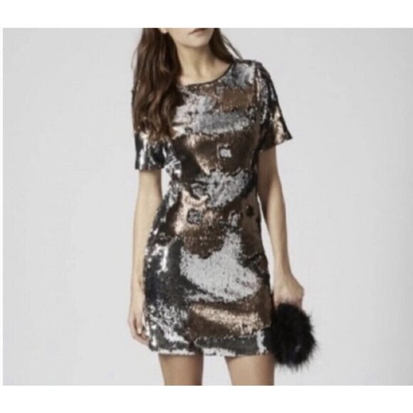 NWT TOPSHOP sequin Mini Party Dress Short sleeve Bronze Silver Metallic Size 2 - Picture 1 of 14